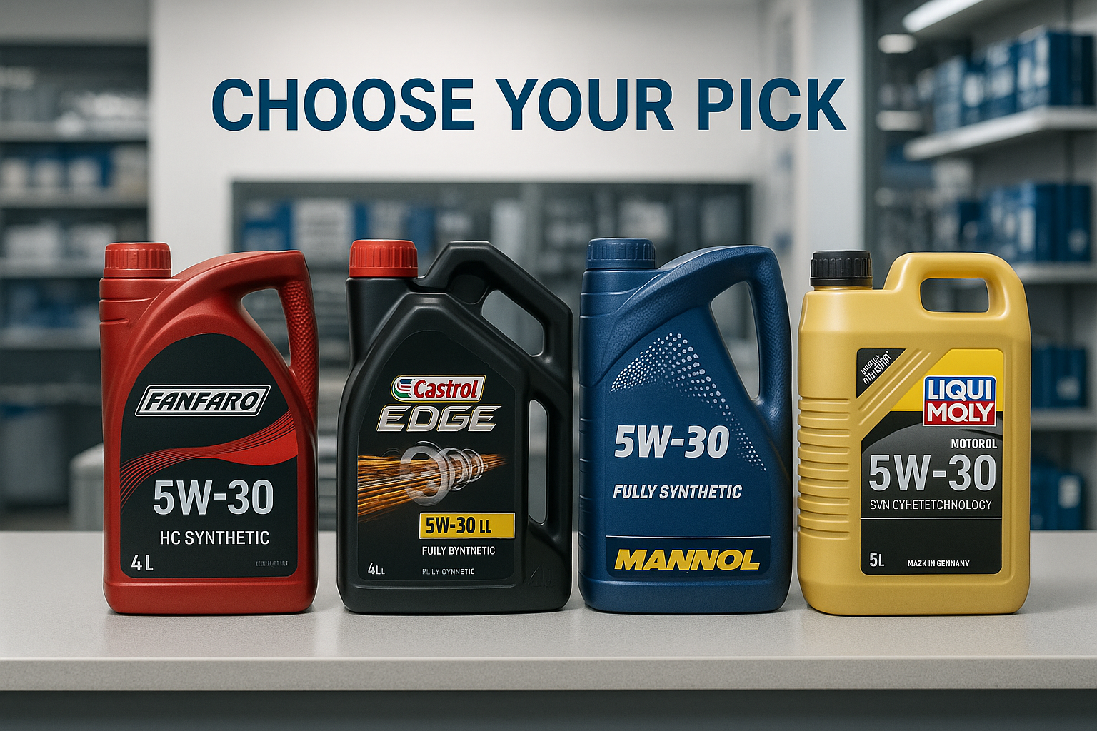 i want 1 to 5 litre branded engine oils sat on a counter in a store with an inviting slogan at the top saying choose your pick, include fanfaro, castrol edge, mannol, liquid molly - please make sure all the writing on the bottles are correct